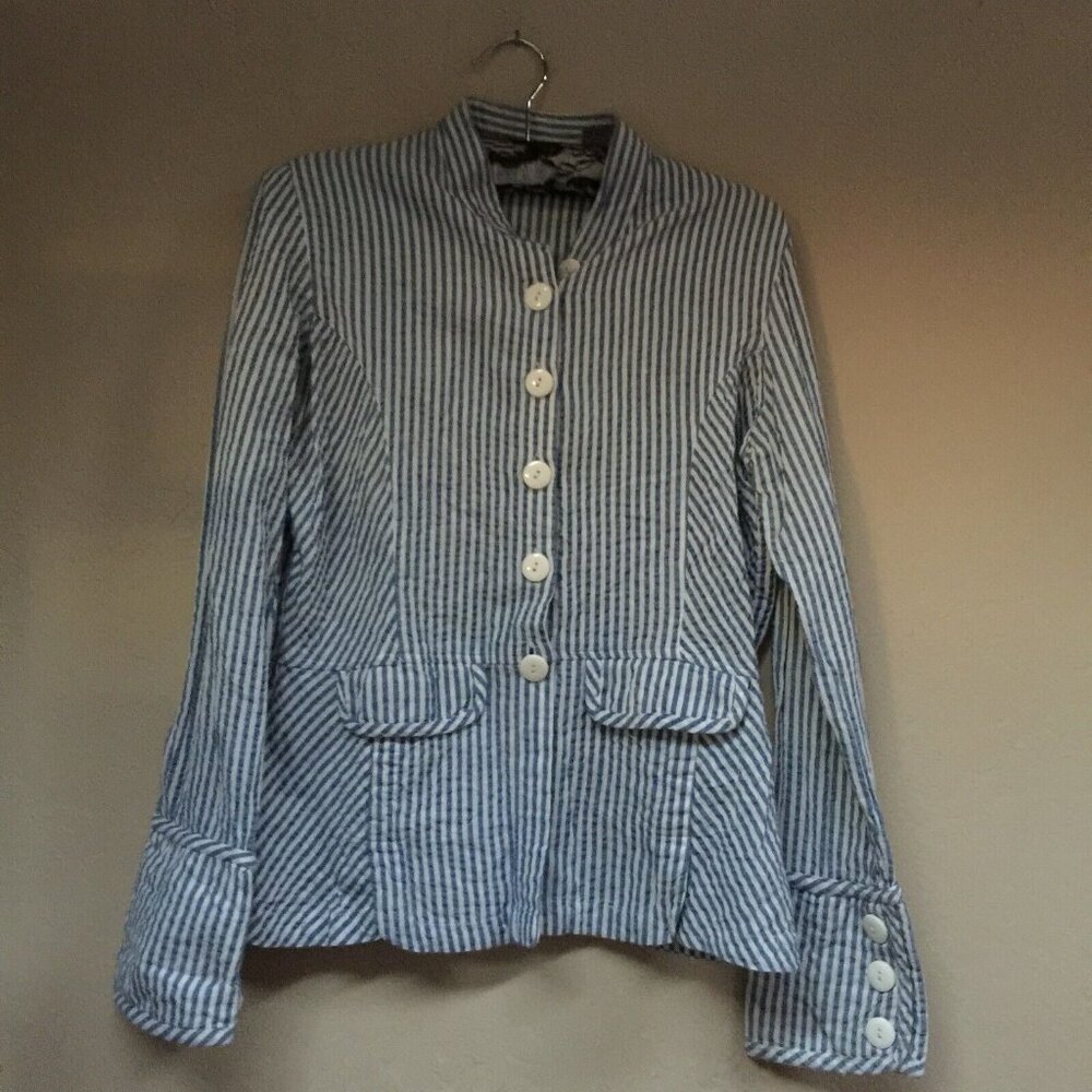 New Direction Womens Medium Blue/White Striped Button Front Blazer Jacket Cotton